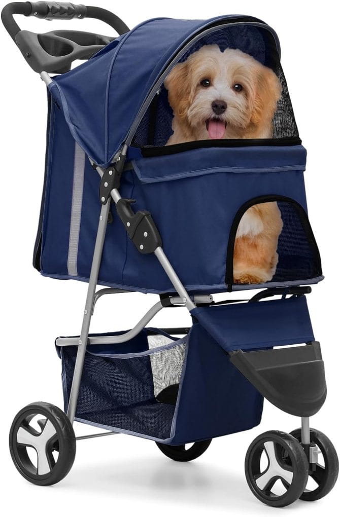 MoNiBloom 3 Wheels Pet Stroller, Foldable Dog Cat Cage Jogger Stroller with Weather Cover for All-Season, Storage Basket and Cup Holder, Breathable and Visible Mesh for Small/Medium Pets, Blue