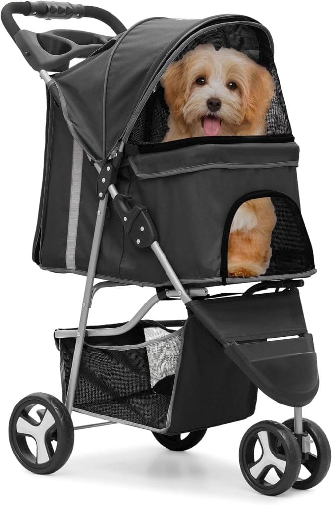 MoNiBloom Foldable Pet Stroller with Weather Cover, 3 Wheels Pet Strolling Cart for Small/Medium Dogs and Cats with Storage Basket and Cup Holder, Breathable and Visible Mesh for All-Season, Black