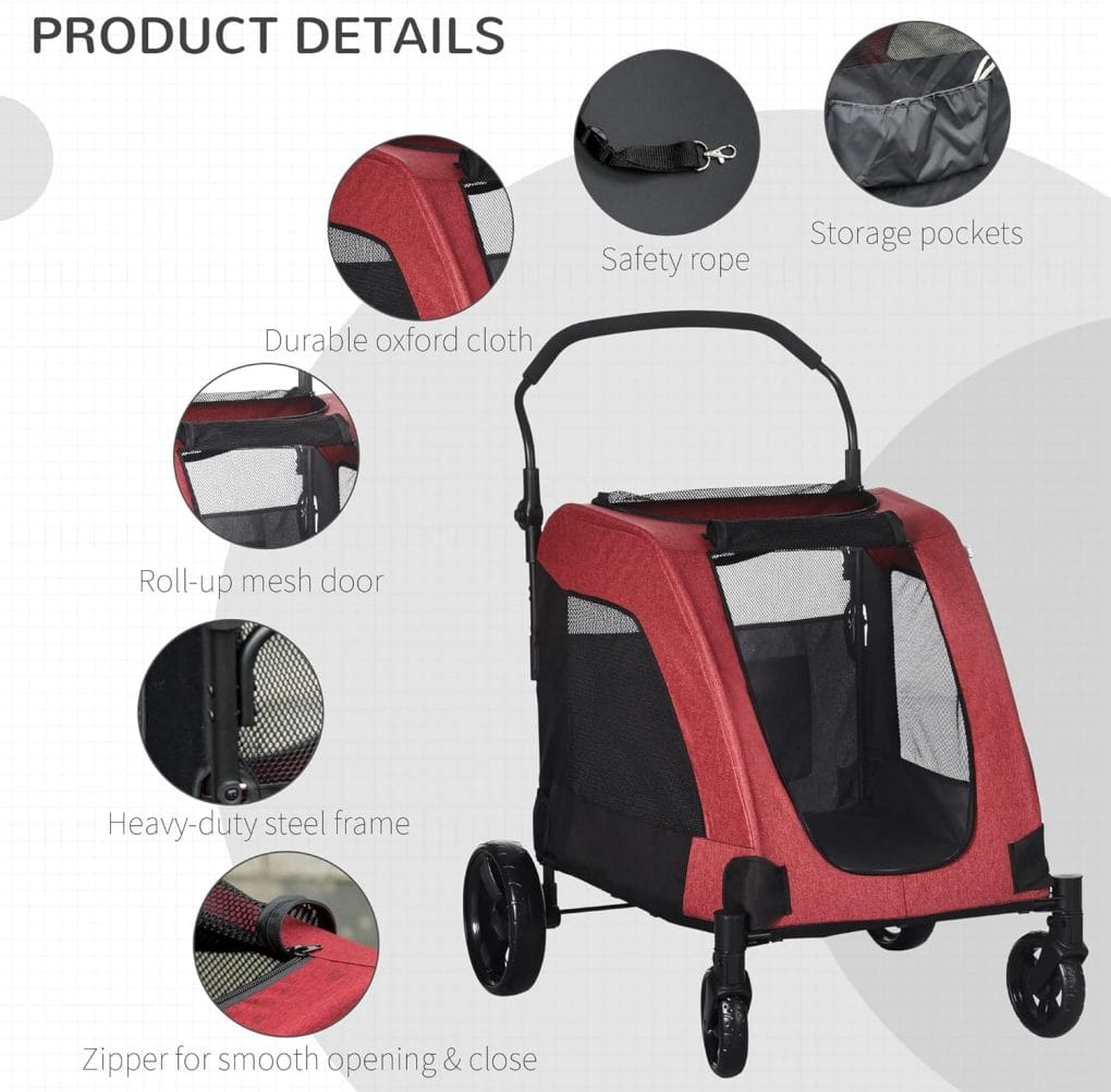PawHut Pet Stroller Universal Wheel with Storage Basket Ventilated Foldable Oxford Fabric for Medium Size Dogs, Red