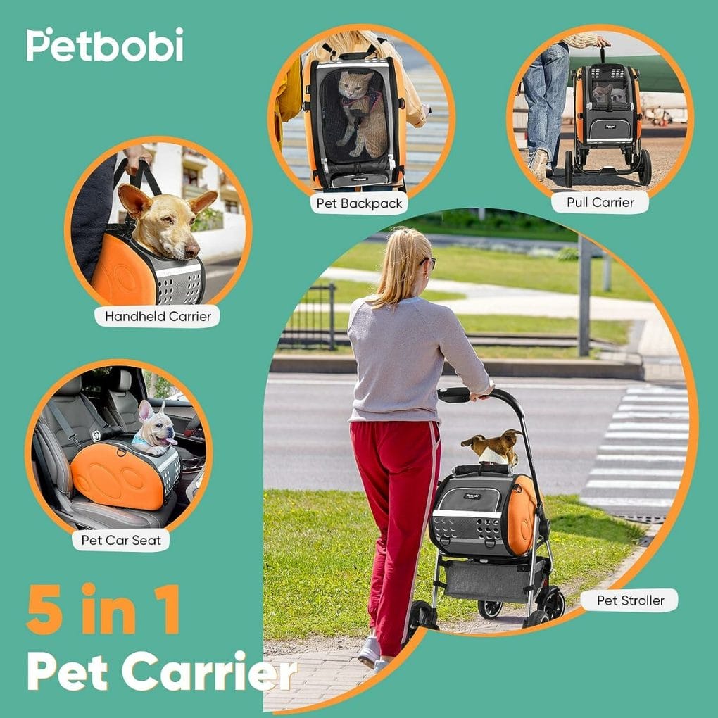 Petbobi 5-in-1 Dog Stroller with Detachable Carrier | Pet Stroller, Carrier, Backpack, Handbag, and Car Seat | for Small Dogs Cats Up to 20 lbs | Aluminum Frame, Large Wheels, Easy Assembly  Folding