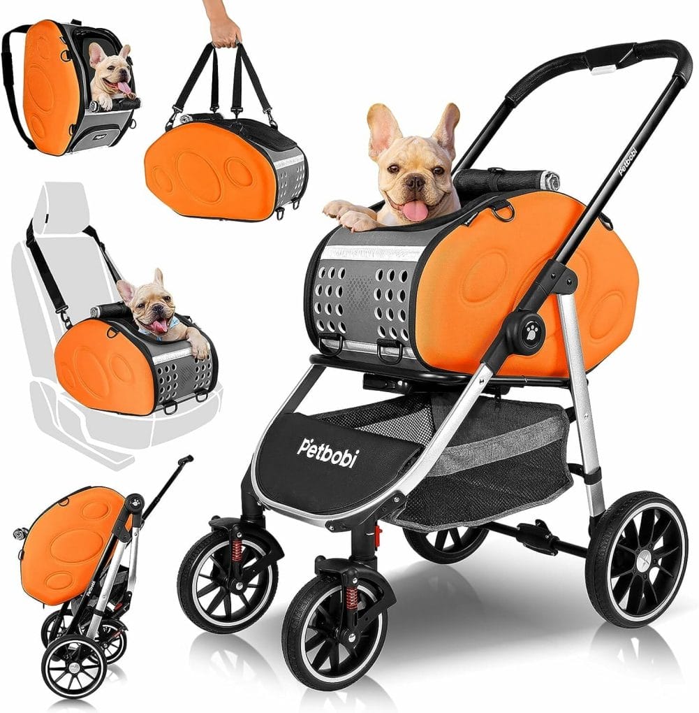 Petbobi 5-in-1 Dog Stroller with Detachable Carrier | Pet Stroller, Carrier, Backpack, Handbag, and Car Seat | for Small Dogs Cats Up to 20 lbs | Aluminum Frame, Large Wheels, Easy Assembly  Folding