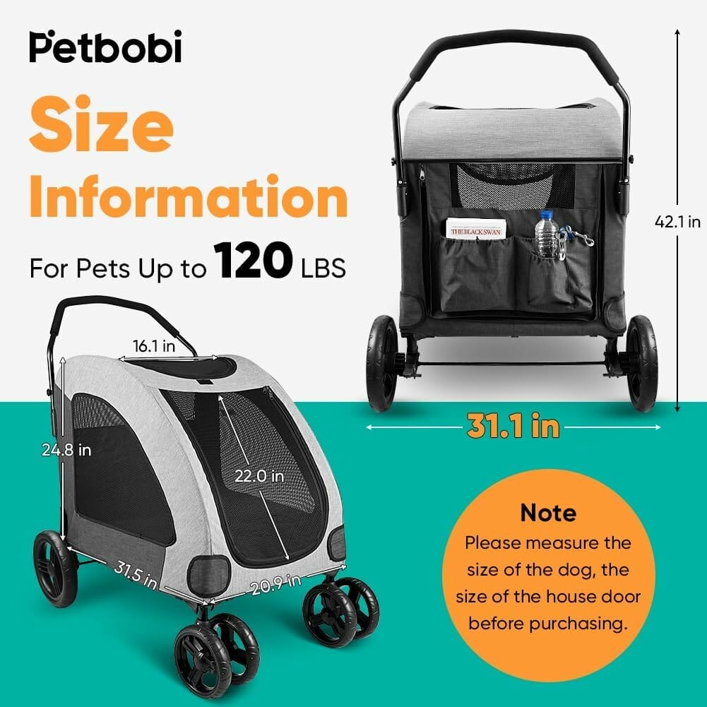 Petbobi Dog Stroller for Large Pet Jogger Stroller for 2 Dogs Breathable Animal Stroller with 4 Wheel and Storage Space Pet Can Easily Walk in/Out Travel up to 120 lbs Grey