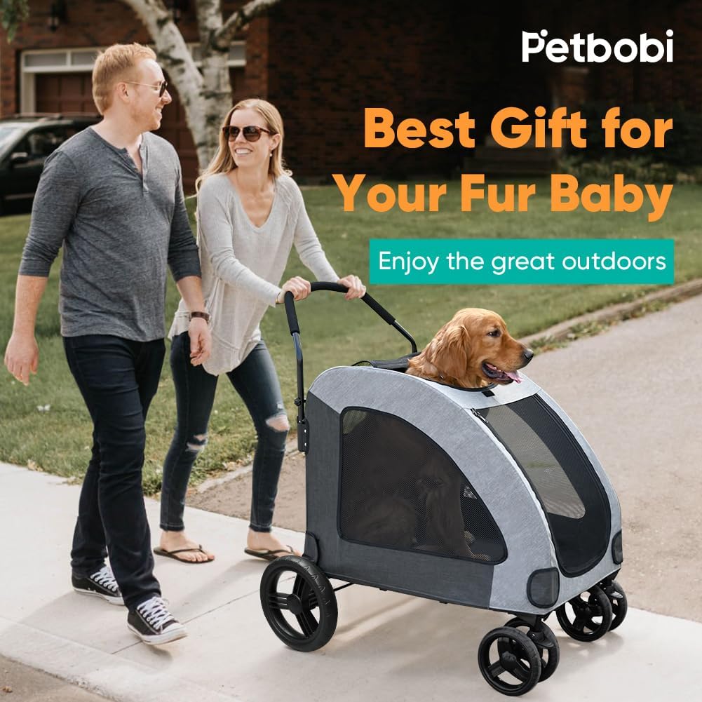 Petbobi Dog Stroller for Large Pet Jogger Stroller for 2 Dogs Breathable Animal Stroller with 4 Wheel and Storage Space Pet Can Easily Walk in/Out Travel up to 120 lbs Grey