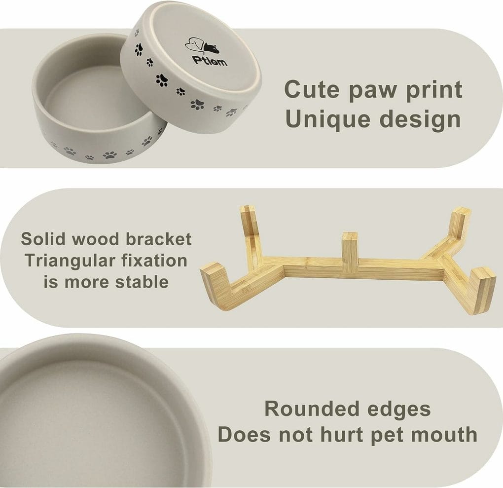 Ptlom Ceramic Pet Bowls for Dogs and Cats, Raised Dog Food and Water Bowl Set with Anti-Slip Wooden Stand, Pets Dish Feeding Bowls Suitable for Small, Medium, and Large Cats Dogs, Grey, 14 Oz