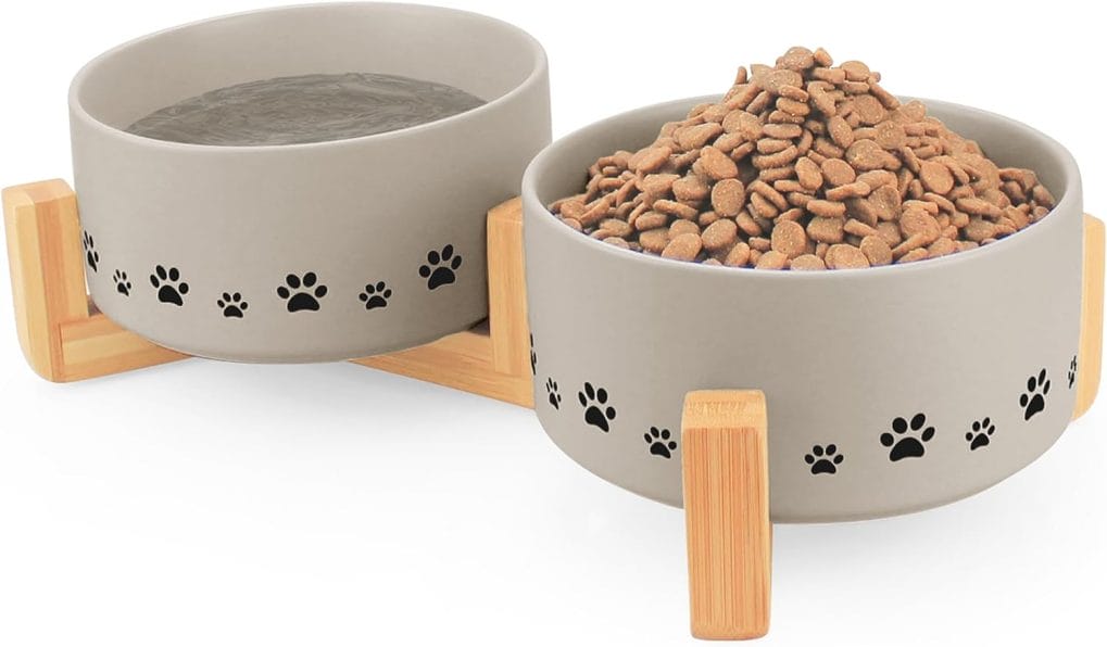 Ptlom Ceramic Pet Bowls for Dogs and Cats, Raised Dog Food and Water Bowl Set with Anti-Slip Wooden Stand, Pets Dish Feeding Bowls Suitable for Small, Medium, and Large Cats Dogs, Grey, 14 Oz