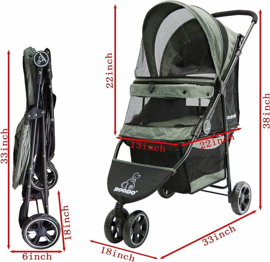 ROODO Dog Stroller Pet Stroller Lightweight Multifunctional Foldable Portable Compact Jogger Buggy Three-Wheeled Pet Gear Puppy Travel pram Stroller for Medium Small Dogs and Cats (Cationic ash)