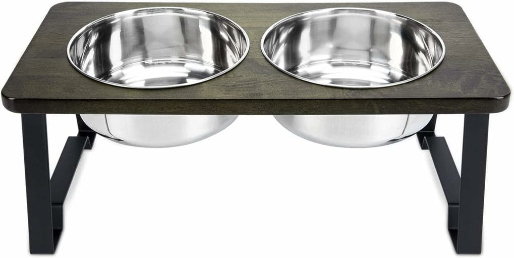 Siooko Elevated Dog Bowls Small Size Dogs, Wood Raised Dog Bowl Stand with 2 Stainless Steel Dog Bowls, Dog Food Bowl and Dog Water Bowl Non-Slip Feet (5.3 Tall, 28 oz Bowl)