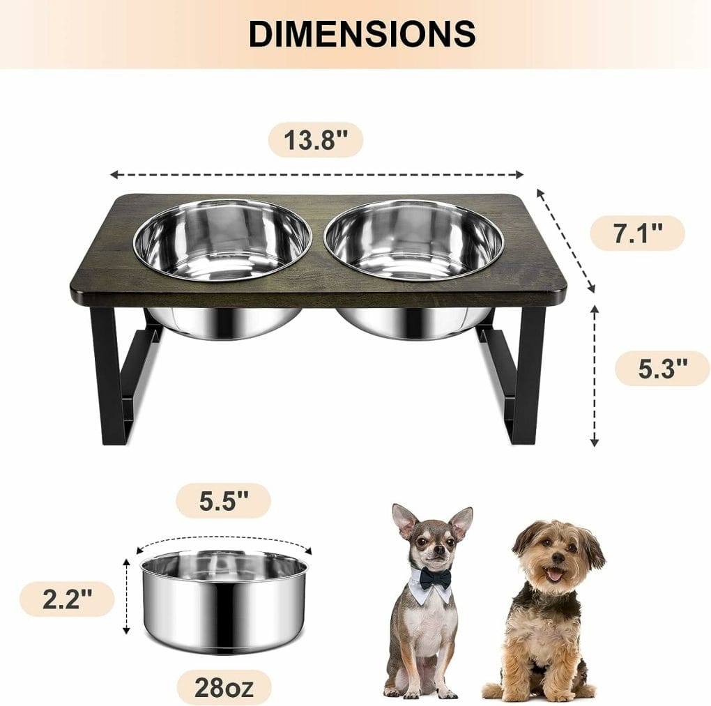 Siooko Elevated Dog Bowls Small Size Dogs, Wood Raised Dog Bowl Stand with 2 Stainless Steel Dog Bowls, Dog Food Bowl and Dog Water Bowl Non-Slip Feet (5.3 Tall, 28 oz Bowl)