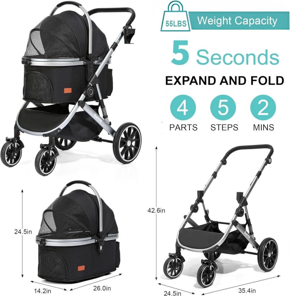 SWITTE Dog Stroller for Small Medium Large Dogs Cats 3 in1 4 Wheels Pet Stroller Foldable Travel Jogger Puppy Stroller with Detachable Carrier-Silver Grey