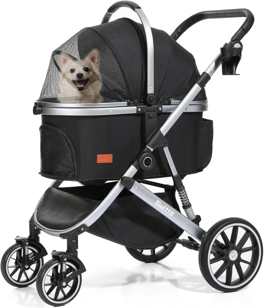 SWITTE Dog Stroller for Small Medium Large Dogs Cats 3 in1 4 Wheels Pet Stroller Foldable Travel Jogger Puppy Stroller with Detachable Carrier-Silver Grey