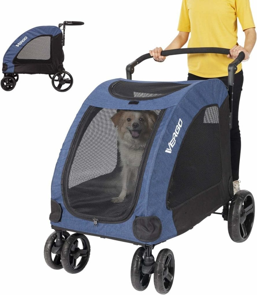 Vergo Dog Stroller Pet Jogger Wagon Foldable Cart with 4 Wheels, Adjustable Handle, Zipper Entry, Mesh Skylight Pet Stroller for Small to Large Dogs and Other Pet Travel (Blue)