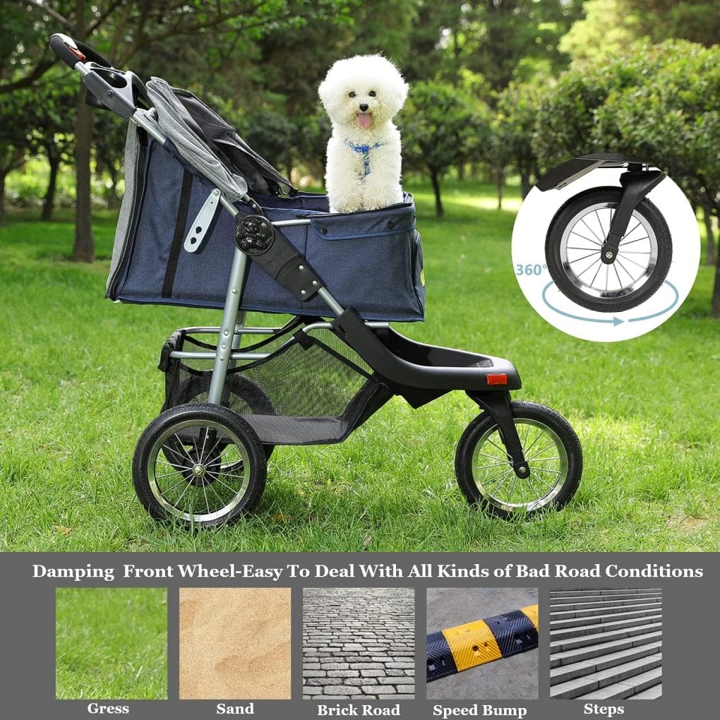 VIAGDO Premium Heavy Duty Pet Stroller for Small Medium Dogs  Cats, 3-Wheel Cat Stroller, Foldable Dog Stroller with Suspension System/Link Brake/One-Hand Fold, Max. Loading 55 LBS