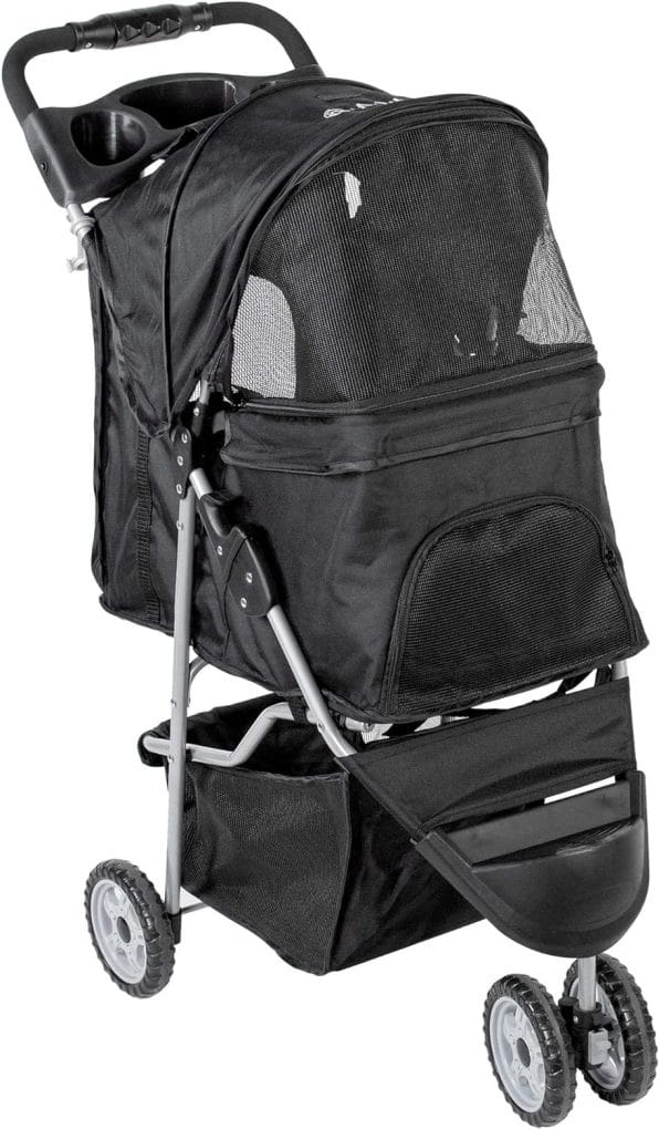 VIVO Black 3 Wheel Pet Stroller for Cat, Dog and More, Foldable Carrier Strolling Cart, STROLR-V003K