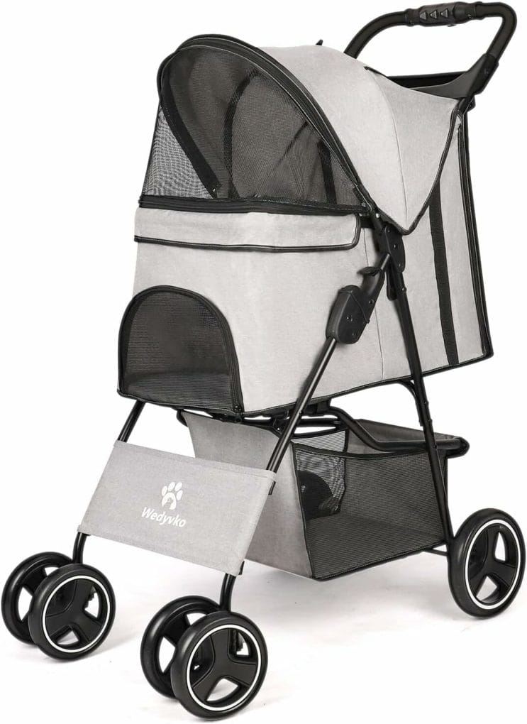 Wedyvko Dog Stroller, 4 Wheel Foldable Pet Dogs and Cat Strollers with Storage Basket and Cup Holder for Small and Medium Cats, Dogs, Puppies (Gray)