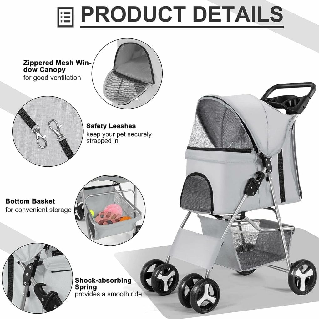 Wedyvko Pet Dog Stroller, 4 Wheel Foldable Cat Dog Stroller with Storage Basket, Handle 360° Front Wheel Rear Wheel with Brake for Small Medium Dogs  Cats (Gray)