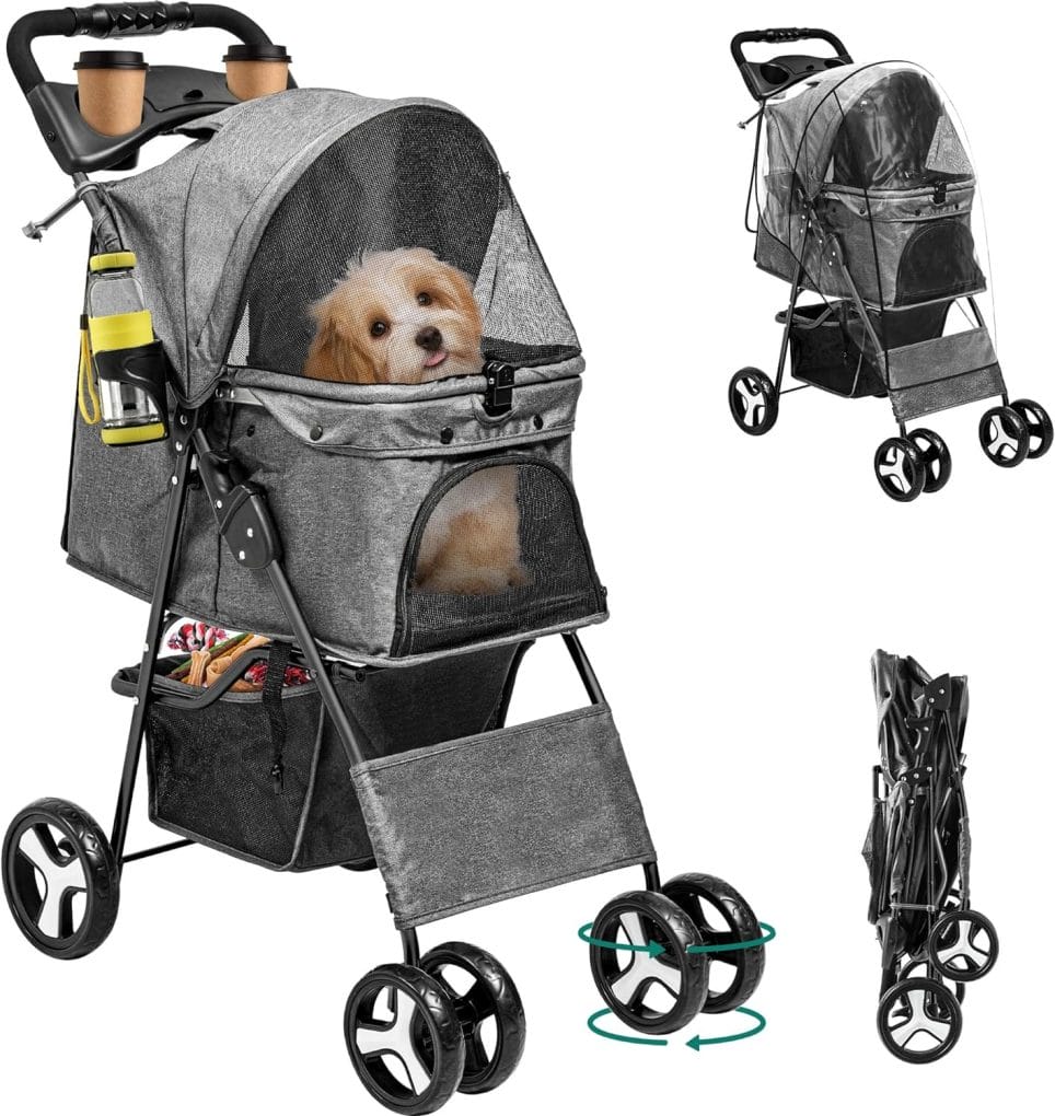 YITAHOME Dog Stroller for Medium Small Dogs, Foldable Pet Stroller with 360° Rotation Wheel, Cat Kitty Puppy Stroller with Storage Basket (Gray)