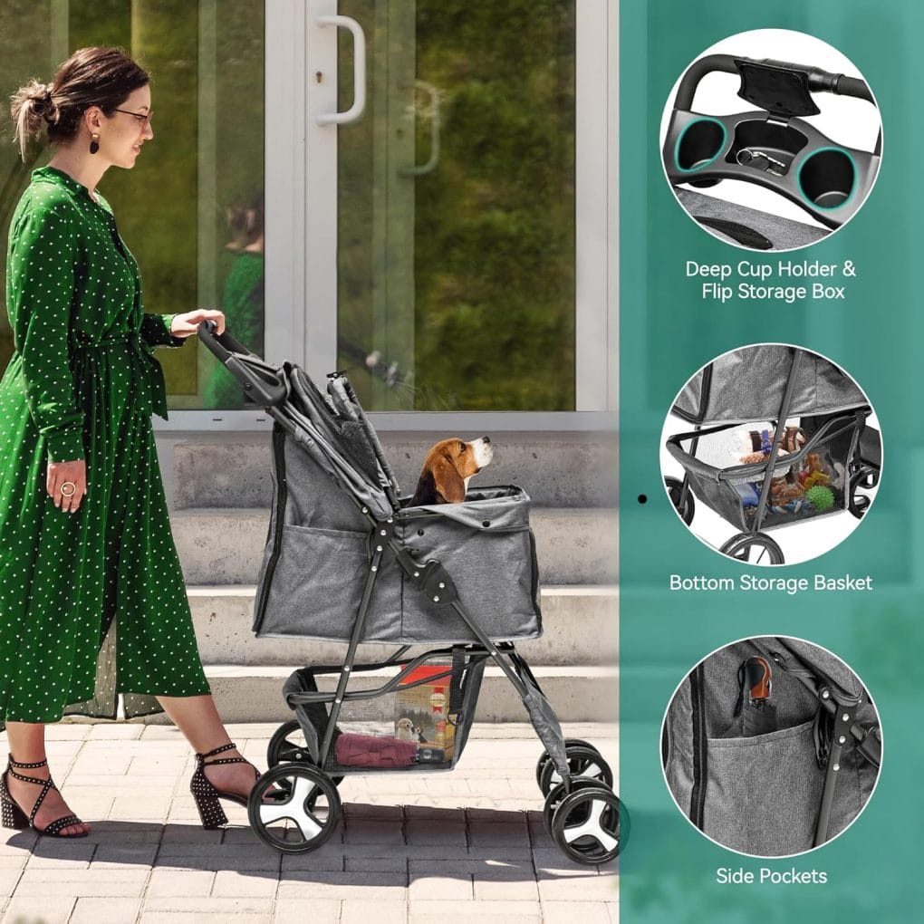 YITAHOME Dog Stroller for Medium Small Dogs, Foldable Pet Stroller with 360° Rotation Wheel, Cat Kitty Puppy Stroller with Storage Basket (Gray)