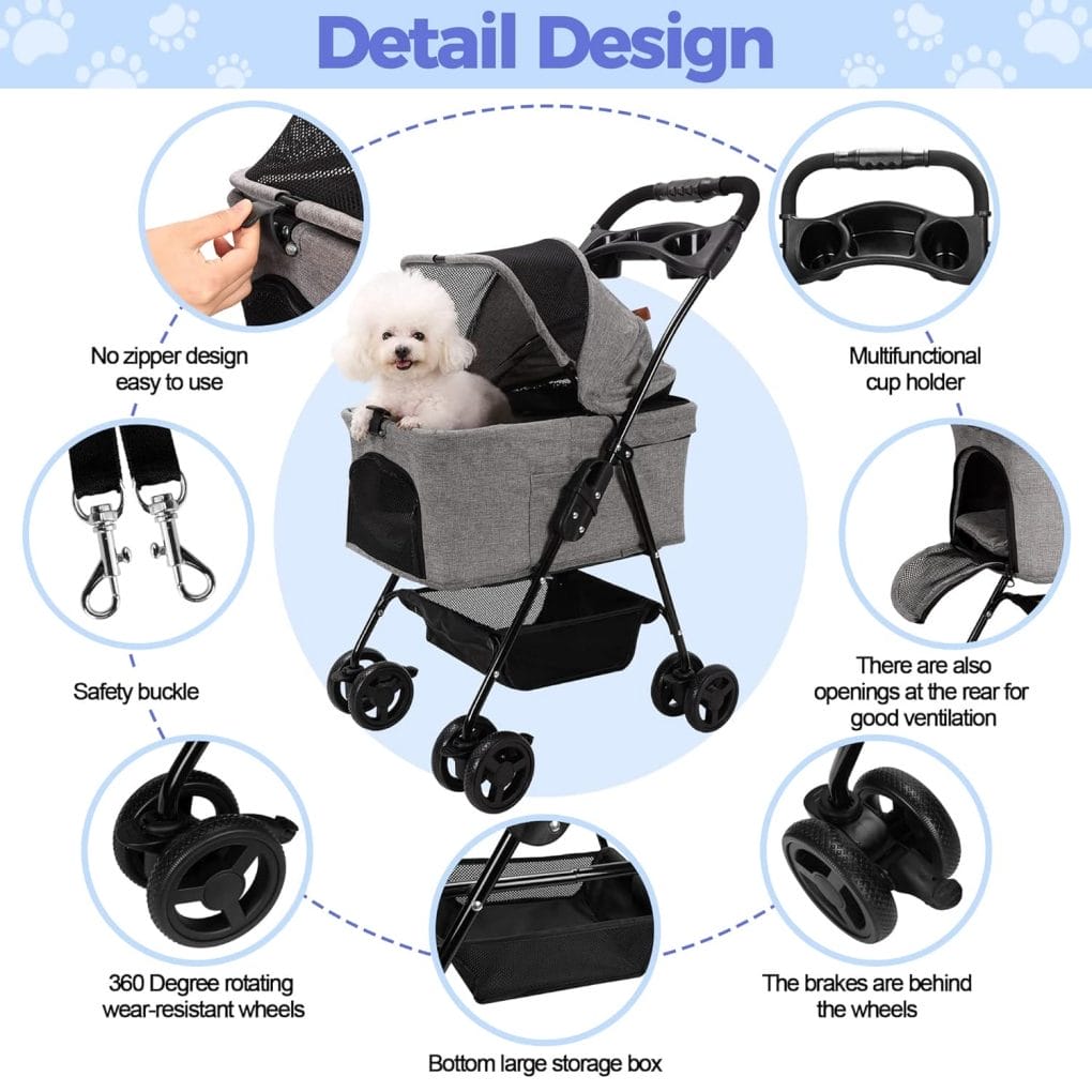 Dog Stroller Foldable Detachable Cat Stroller Dog Strollers for Small Dogs 4 Wheels Rotate 360 Degrees with Brakes, with Storage Basket and Cup Holder, Suitable for Small and Medium-Sized Cats, Dogs