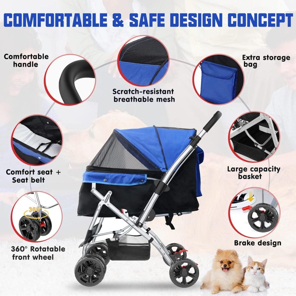 Dog Stroller for Medium/2-3 Small Dogs, 55LBS Capacity Pet Stroller with Sturdy Steel Frame, Brake and Upgraded Durable Wheels, Large Cat/Dog Stroller for Walking (Blue)
