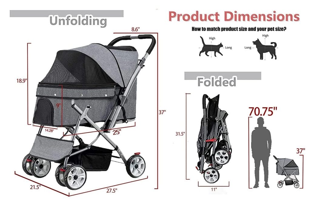 Dog Stroller Pet Stroller for Small or Medium Dogs Cats Zipper Less Canopy 4 Wheels Travel Doggie Stroller with Reversible Handle 360° Front Wheel Rear Wheel with Brake Grey