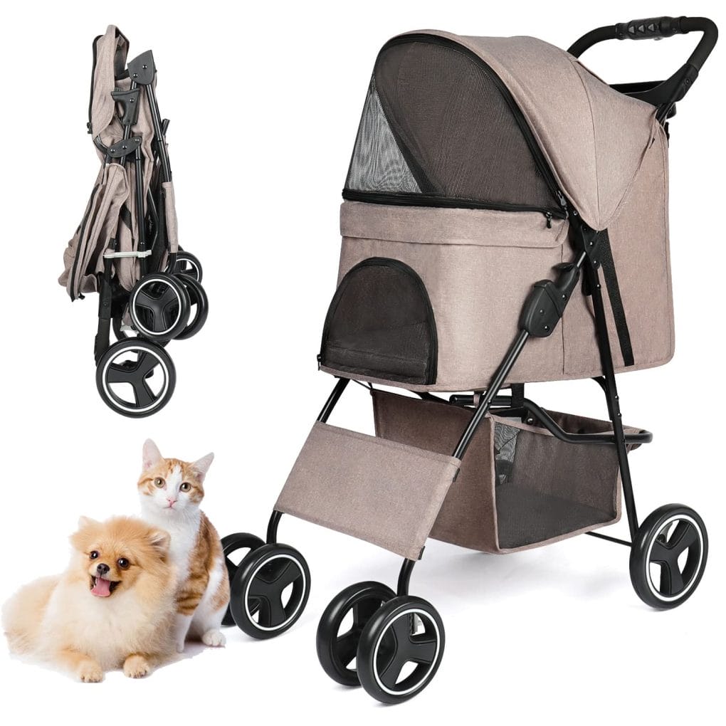 Four Wheels Pet Stroller, for Medium Small Dogs Cats Travel Folding Carrier Stroller with Cup Holder  Removable Liner