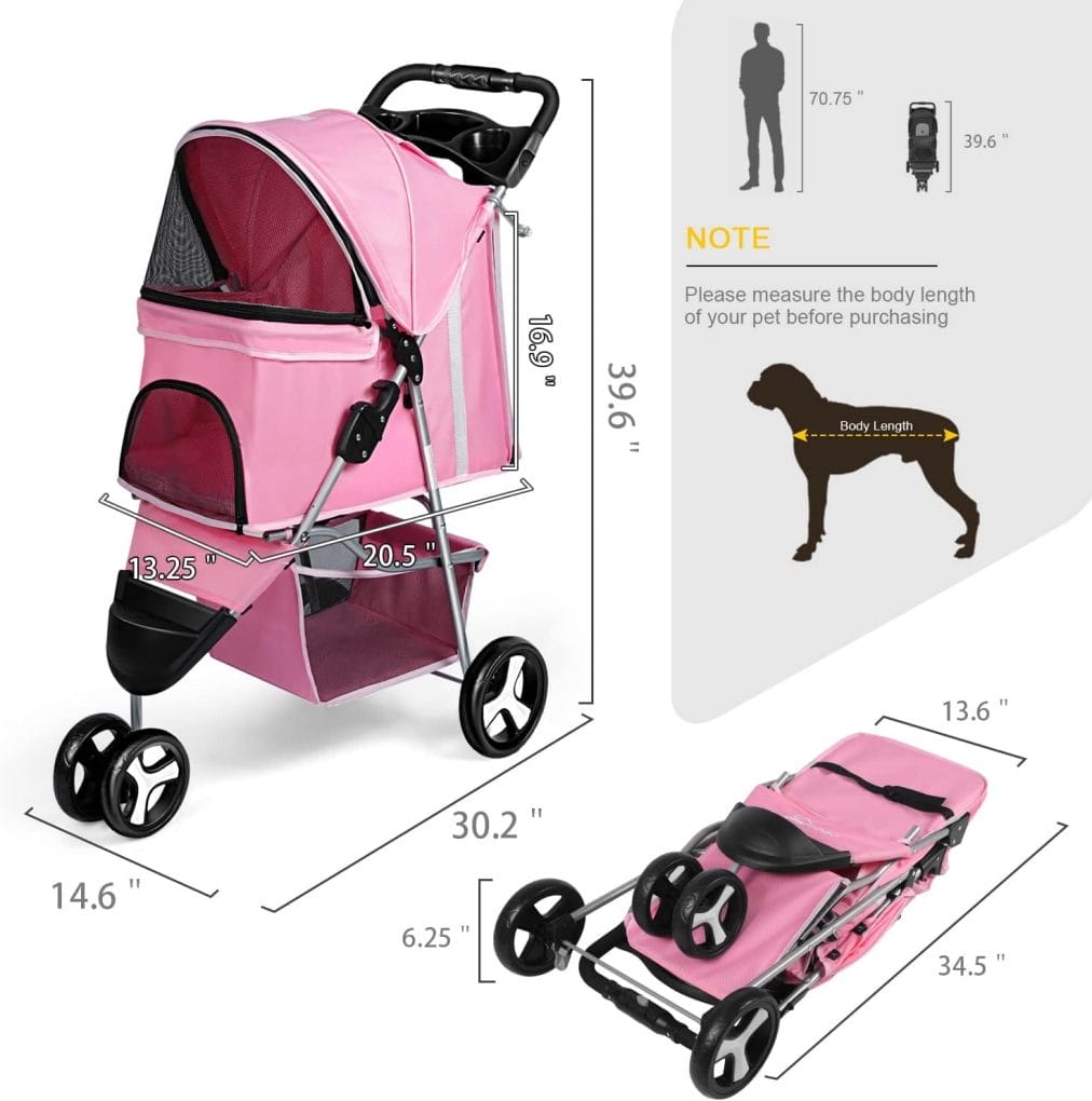 Hlzds Pet Stroller - 3 Wheels Dog Cat Cage Stroller Folding for Small Medium Dogs Travel Waterproof Puppy Stroller with Cup Holder  Removable Liner (Pink)