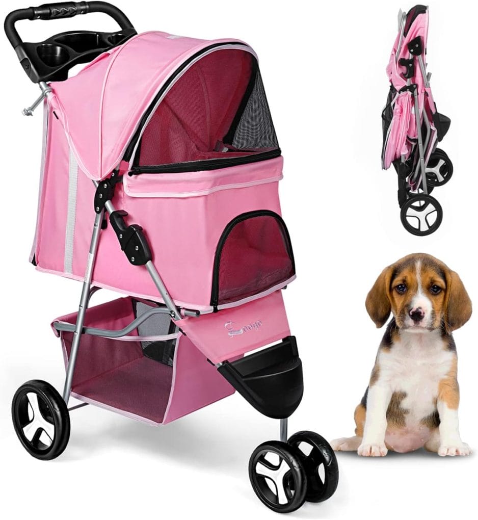 Hlzds Pet Stroller - 3 Wheels Dog Cat Cage Stroller Folding for Small Medium Dogs Travel Waterproof Puppy Stroller with Cup Holder  Removable Liner (Pink)