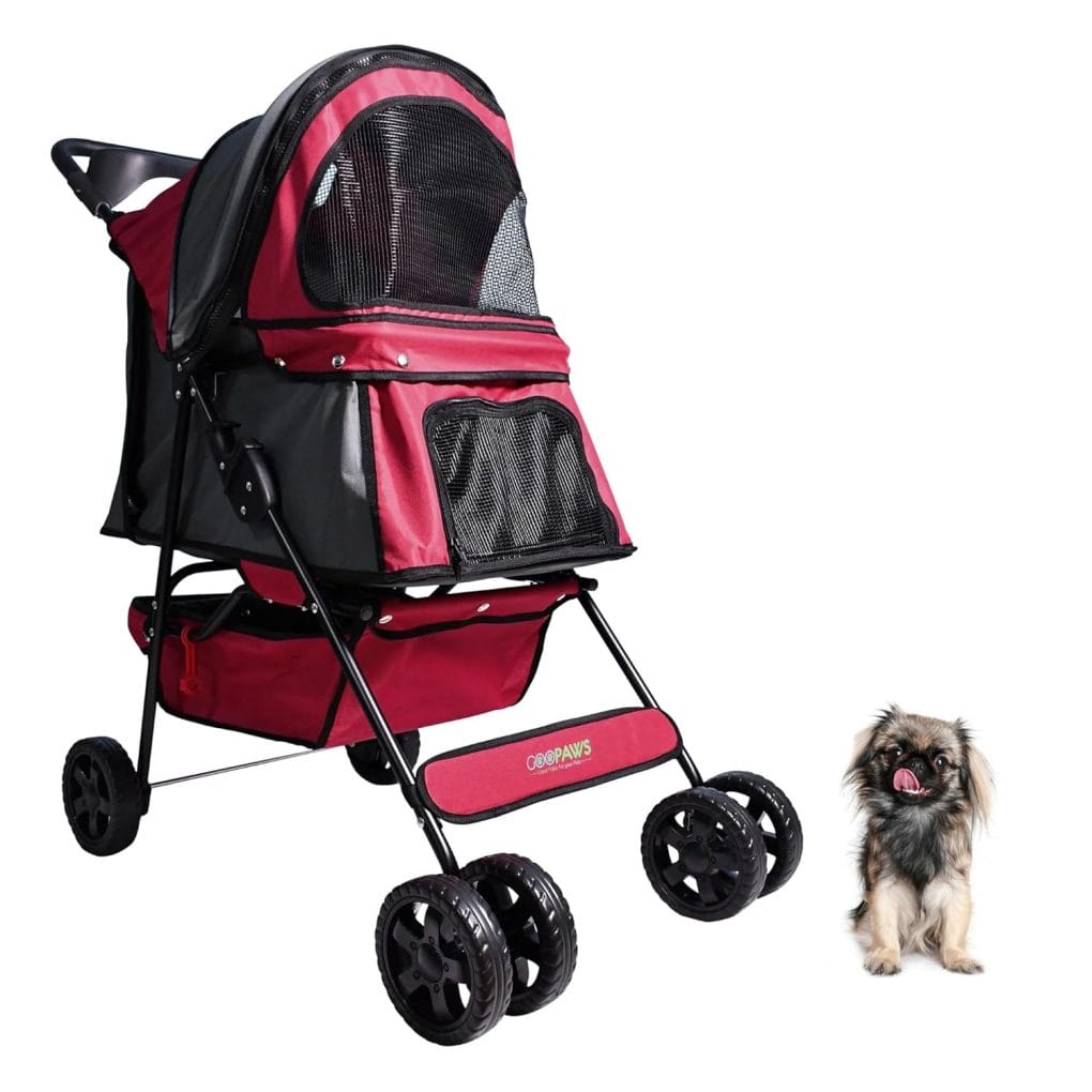 Jespet 4-Wheel Promenade Pet Stroller for Dogs Cats, Safe Brake Wheels Foldable Jogging Stroller with Cup Holder, Storage Basket, Pad, Seat Belt Maroon